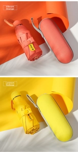 UPF50+ sun protection umbrellas in orange and yellow with matching capsule storage cases