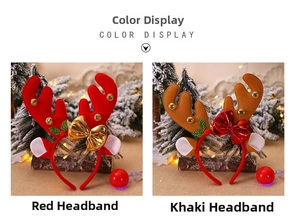 Detail view of red and khaki reindeer antler headbands with bows and festive ornaments