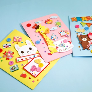 3D DIY Christmas card making kit with colorful paper and cute cartoon animal accessories