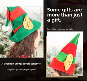 Detail of Christmas elf hat with yellow felt ears and striped patterns for holiday parties