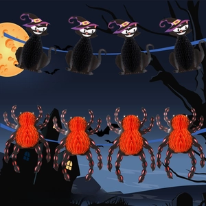 3D-Wabenpapier-Dekorationen mit schwarzer Katze und Spinne für Halloween-Hängeanzeigen