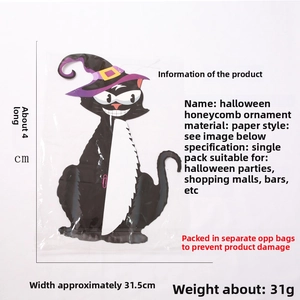 Detailansicht der Halloween-Hängedeko Schwarze Katze aus Papier mit Größen- und Gewichtsangaben