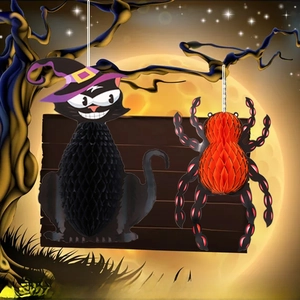 Halloween 3D Papier Waben-Hänger Set mit schwarzer Katze und orangefarbener Spinne Motiven