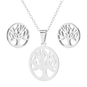 Parure de bijoux arbre de vie argentée avec collier à pendentif et boucles d'oreilles