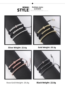 Detail view of hematite beaded woven bracelets in silver gold rose gold and black colors