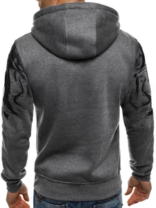 Rear view of heather grey hoodie featuring abstract black print on long sleeves