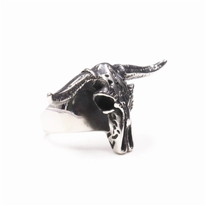 Detailed close-up of a vintage stainless steel ram skull ring with punk gothic texture