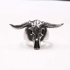Detailed macro view of retro stainless steel ram skull ring with vintage black finish