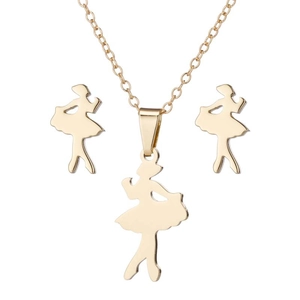 Detailed view of gold ballet girl silhouette necklace and stud earrings set on white back