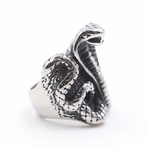 Vintage oxidized stainless steel multi-head cobra snake ring with punk gothic textures