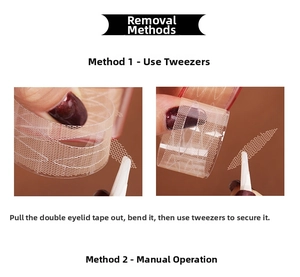Detail showing two methods to remove lace eyelid tapes using tweezers or fingers