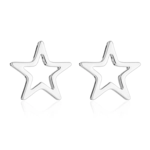 Minimalist silver hollow star stud earrings in stainless steel on white background