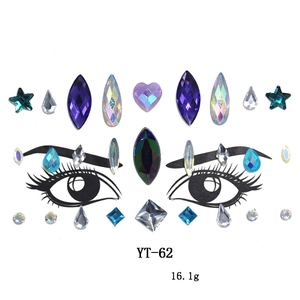 Macro shot of YT-62 face jewels with colorful rhinestones in star and heart shapes