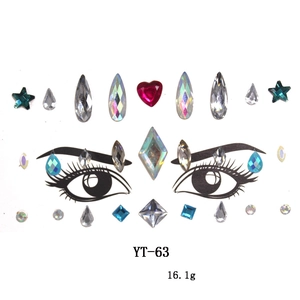 Detail view of YT-63 masquerade face gems with colorful crystal heart and star stickers