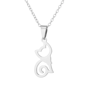 Detail view of the silver minimalist cat pendant with a fine chain on white background