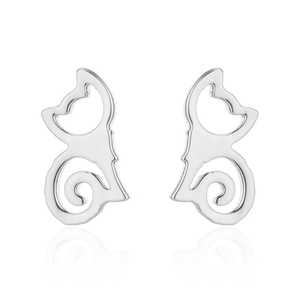 Detailed close-up of silver cat-shaped stud earrings with minimalist hollow design