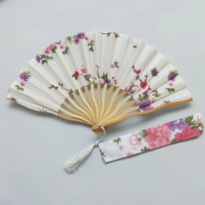 Japanese style red cherry blossom silk folding fan with bamboo frame and matching sleeve