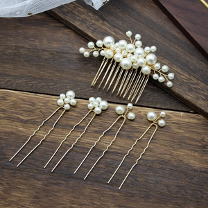 Vintage Baroque pearl hair comb and pin set with golden floral wire for bridal wedding