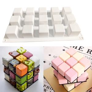 Detail of 15-cavity white silicone cube mold for professional mousse cake baking