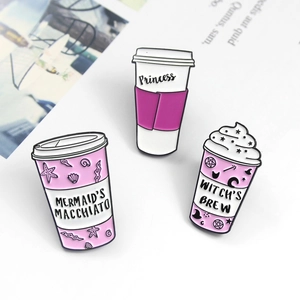 Three-piece set of pink enamel coffee cup brooches with Mermaid and Witch theme