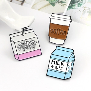 Cute enamel pin set featuring milk carton and coffee cup designs for jackets