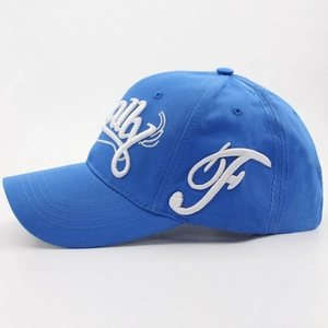 Classic blue cotton baseball cap with 3D letter embroidery and adjustable curved brim