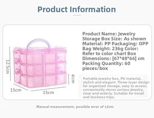 Detailed specs for pink 3-tier clear plastic jewelry box with handle 15x15x12.5cm