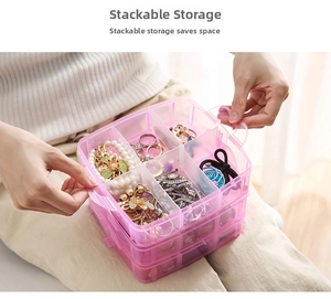 Three-tier stackable pink clear plastic jewelry organizer box with adjustable dividers