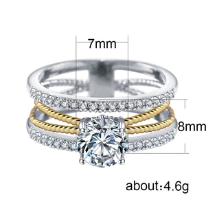 Bague plaquée or 14K à trois couches avec zircon de 7mm et anneau torsadé chic
