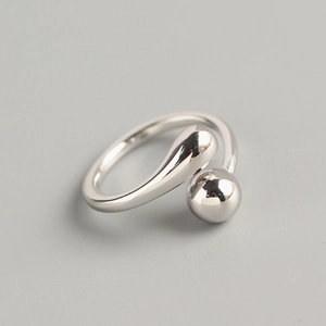 925 Sterling Silver Open Ring For Women Adjustable Water Drop And Round Bead Geometric Minimalist Trendy Jewelry