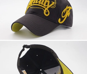 Detailed view of dark grey cotton baseball cap with yellow embroidery and adjustable strap