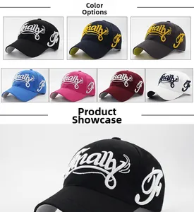 Close-up of high-quality embroidered letters on cotton baseball caps in multiple colors