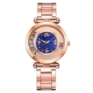 Rose gold women's quartz watch with blue starry dial and floating crystal diamonds
