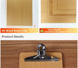 Detail view of 4mm thick MDF clipboard with durable flat metal clip and wood texture
