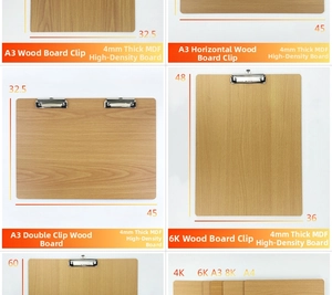Detailed comparison of MDF wooden clipboards in various sizes with metal flat clips
