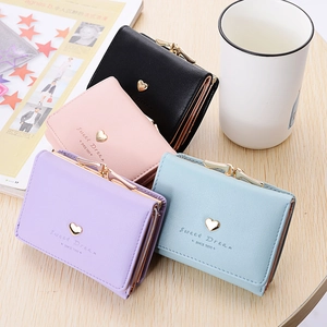 Three-fold women's PU leather wallets with gold heart charm in multiple pastel colors