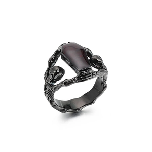 Gothic punk vampire coffin ring with double skeletons in retro black finish