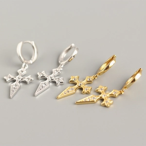 S925 sterling silver cross hoop earrings with zircons in gold and silver finishes