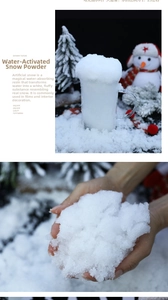 Detail of artificial snow powder expanding with water at a 1:25 ratio for Christmas decor