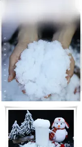 Detailed texture of white artificial snow powder on hands and Christmas tree decor