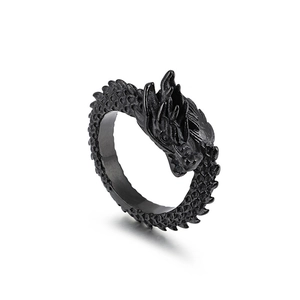 Vintage black stainless steel dragon ring with intricate scale texture and open design