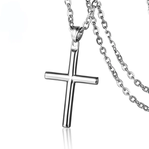 Polished silver stainless steel cylindrical cross pendant necklace with a sleek link chain
