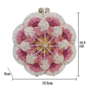 Detailed size view of rose-shaped rhinestone evening clutch with dimensions 15.5cm x 5cm