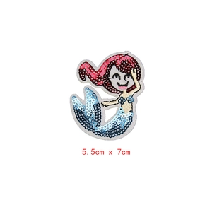 Detail of mermaid sequin embroidery patch in pink and blue, sized 5.5cm x 7cm