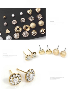 Detail of 12-pair gold earring set with pearls, rhinestones, and geometric shapes