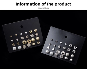 Close-up of 12-pair earring set featuring pearl, zircon, and geometric metal designs