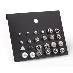 12 pairs of silver-tone stud earrings set with pearls, zircons and geometric shapes