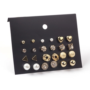 12 pairs of gold and pearl stud earrings set featuring geometric and heart designs