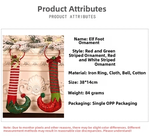Close-up of Christmas elf leg ornaments with red and green stripes on a fireplace