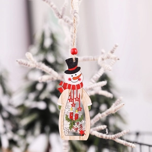 Wooden Christmas snowman pendant with red beads and natural hemp rope decoration